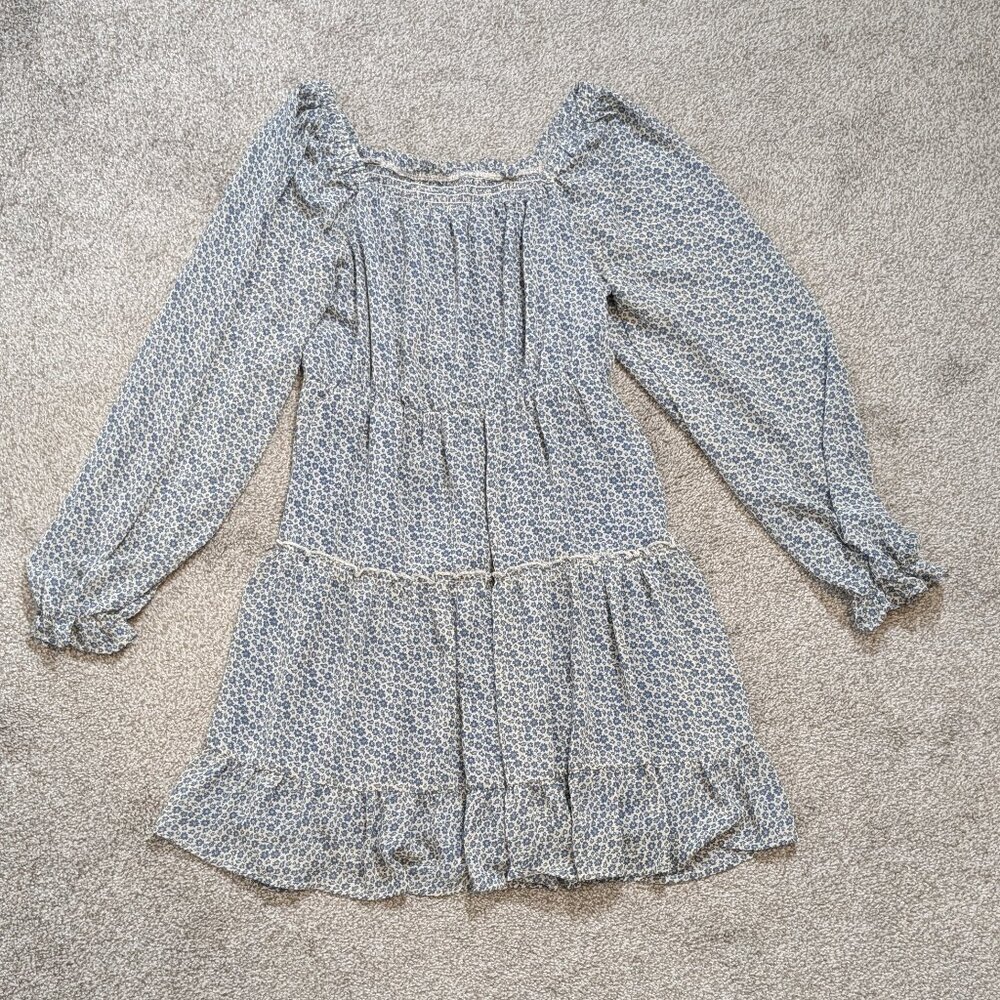 Blue Floral Chiffon Long Sleeve Short Boho Peasant Smocked Dress; Size S
